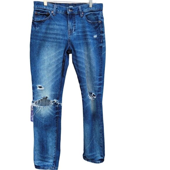 Men's Aero Slim Straight  Distressed Denim Blue Jeans Sz 30x32 - Picture 1 of 15